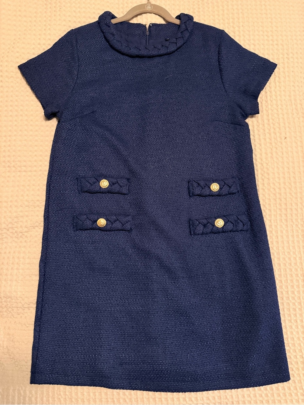 LIKE NEW Classic Navy Short-Sleeve Textured Shift Dress with Braided Trim